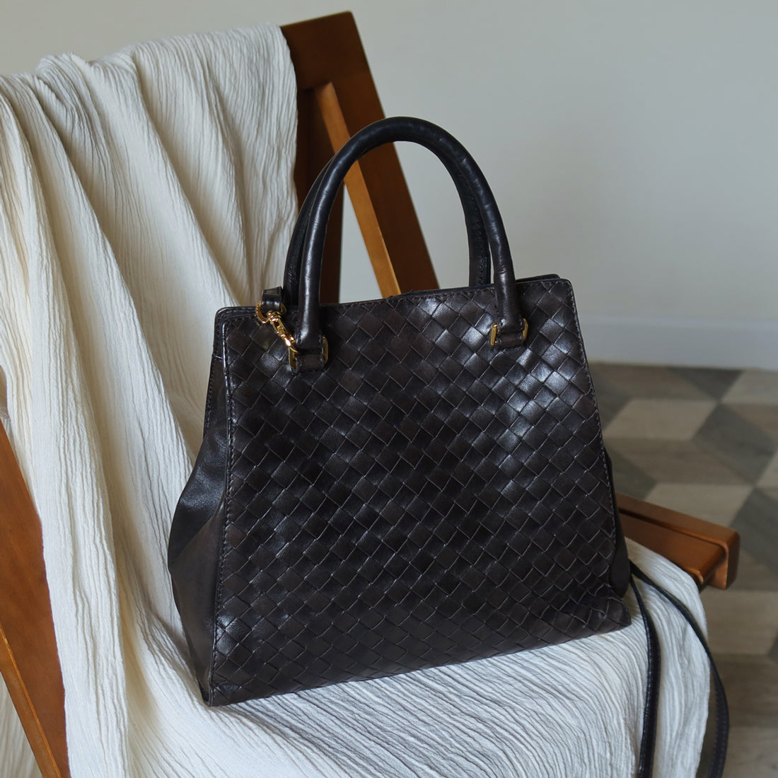 Bottega Veneta Vintage Dark Brown Intrecciato Leather 2way Bag