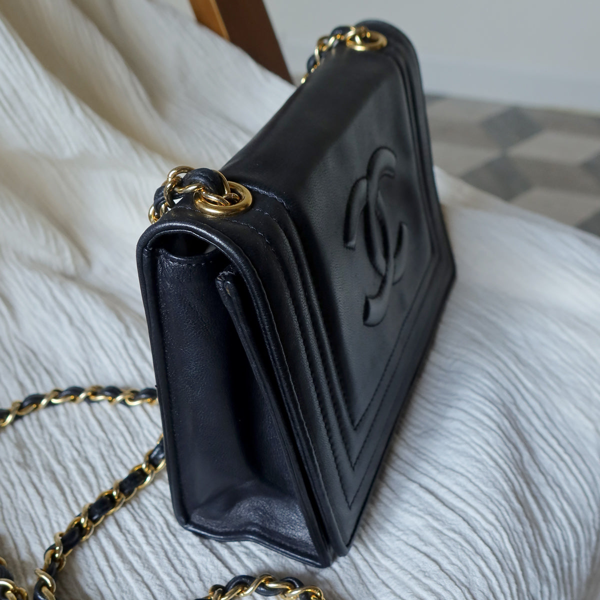 Vintage Chanel Stitched CC mark Black Lambskin Flap Bag