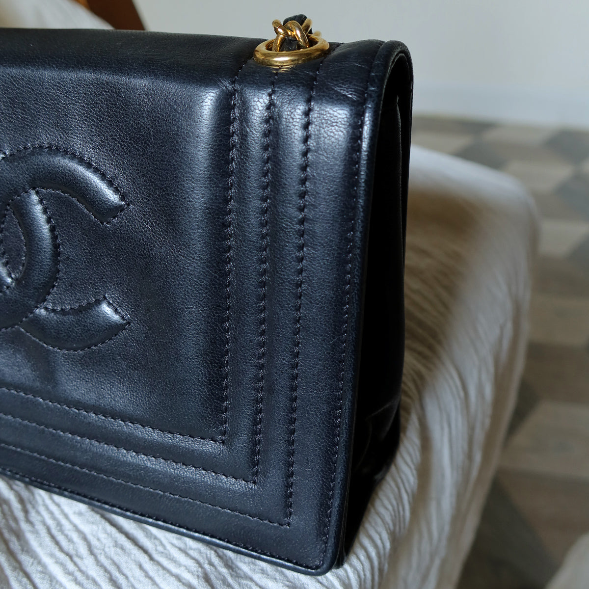 Vintage Chanel Stitched CC mark Black Lambskin Flap Bag