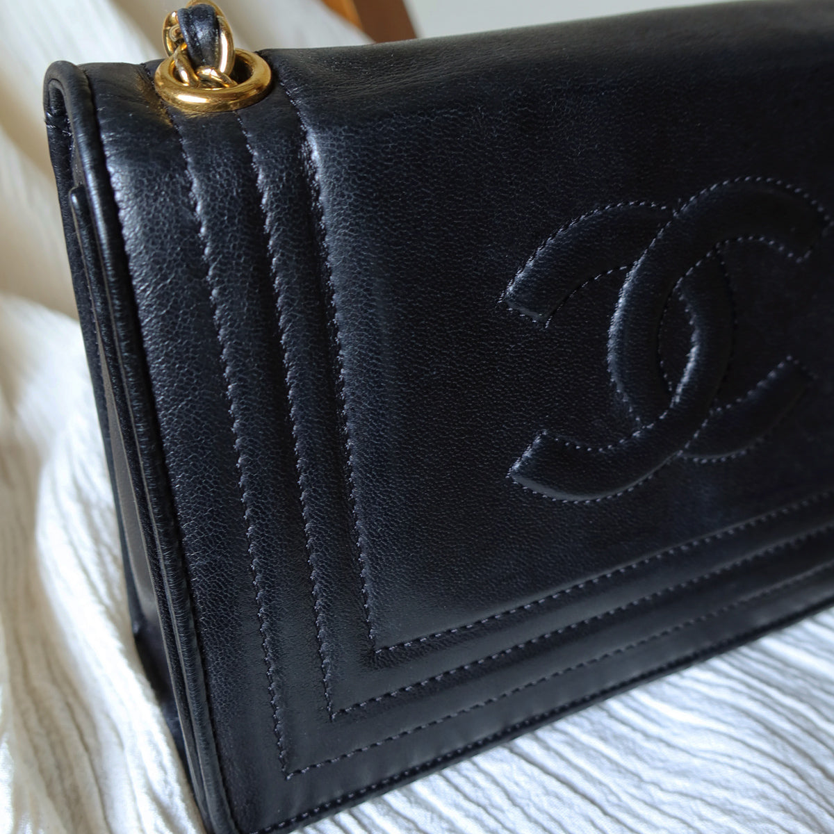 Vintage Chanel Stitched CC mark Black Lambskin Flap Bag