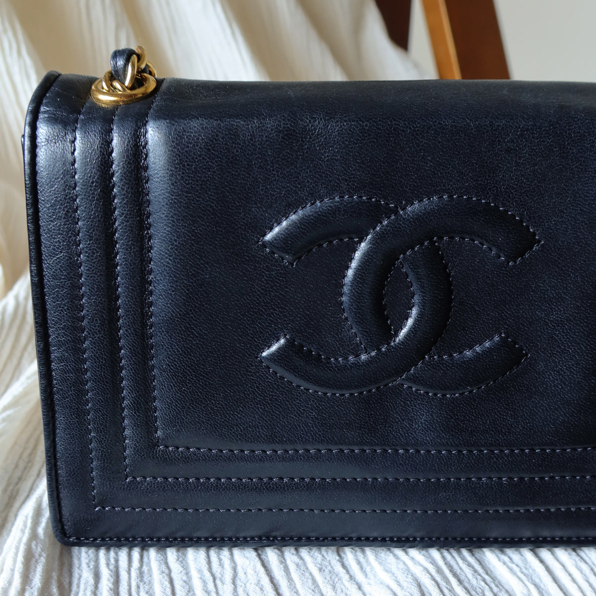 Vintage Chanel Stitched CC mark Black Lambskin Flap Bag