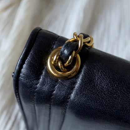 Vintage Chanel Stitched CC mark Black Lambskin Flap Bag