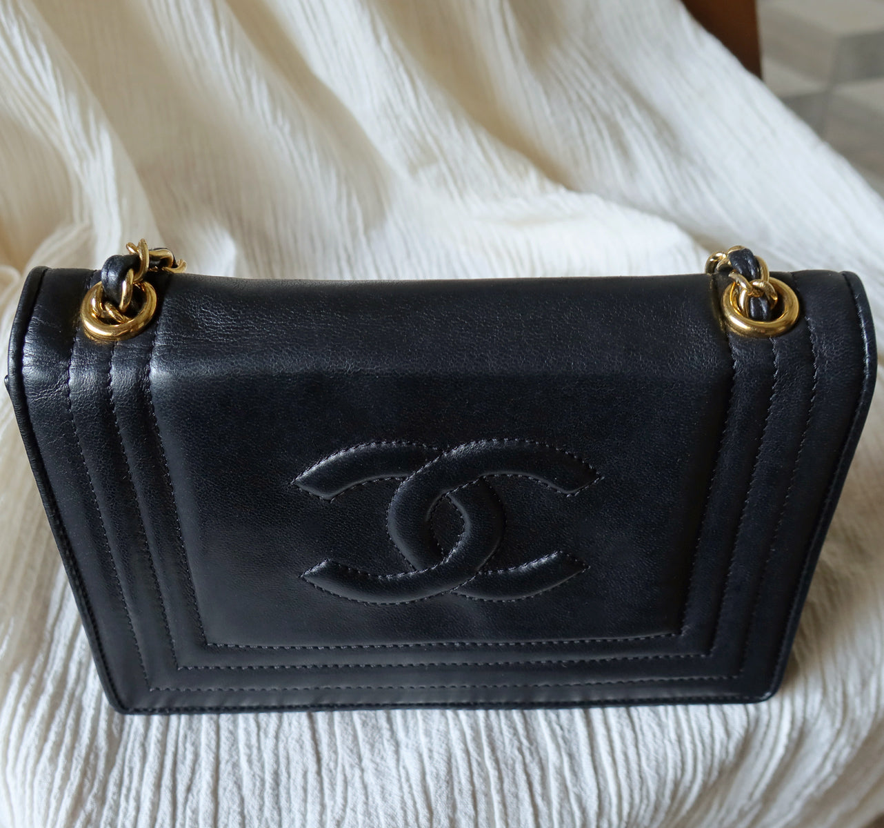 Vintage Chanel Stitched CC mark Black Lambskin Flap Bag