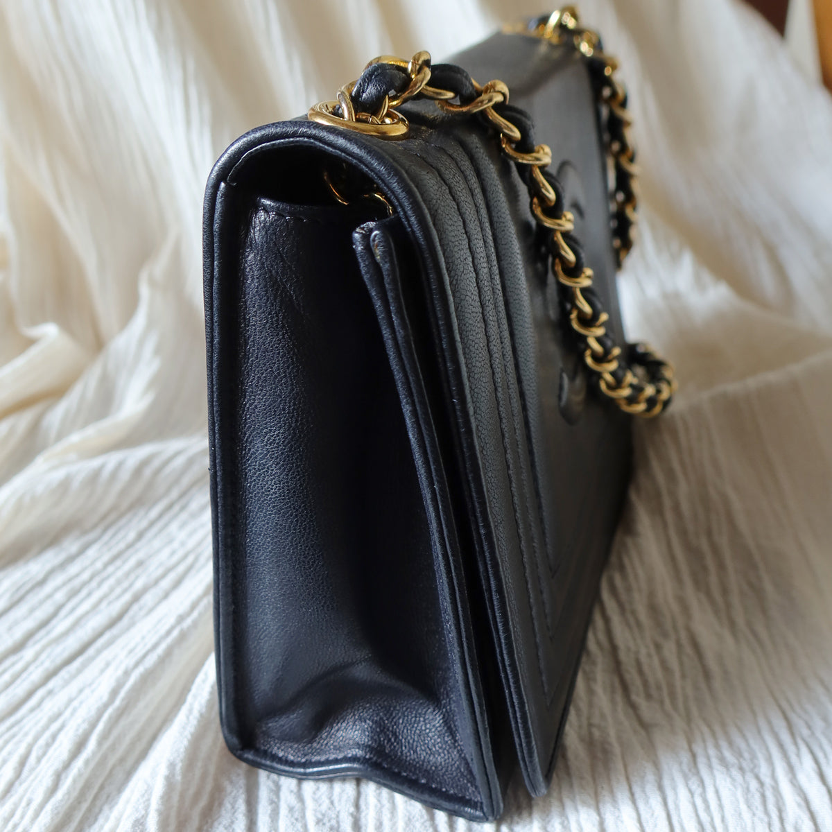 Vintage Chanel Stitched CC mark Black Lambskin Flap Bag