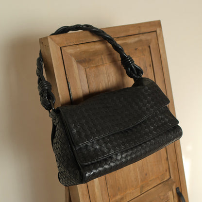 Bottega Veneta Vintage Black Intrecciato Double Flap Shoulder Bag