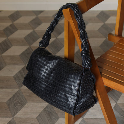 Bottega Veneta Vintage Black Intrecciato Double Flap Shoulder Bag