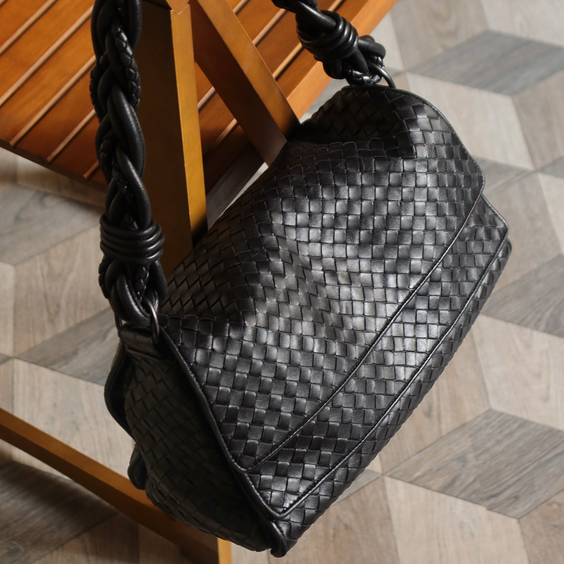 Bottega Veneta Vintage Black Intrecciato Double Flap Shoulder Bag