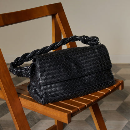 Bottega Veneta Vintage Black Intrecciato Double Flap Shoulder Bag