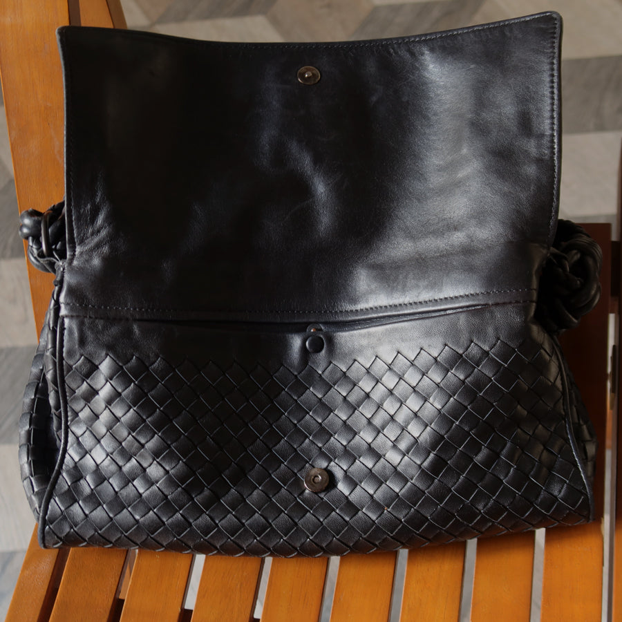 Bottega Veneta Vintage Black Intrecciato Double Flap Shoulder Bag