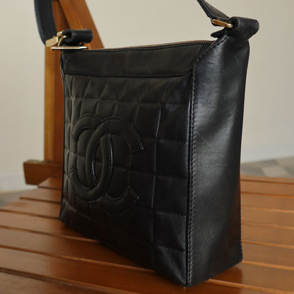 Chanel Vintage Quilted Chocolate bar CC Black Lambskin Shoulder Bag