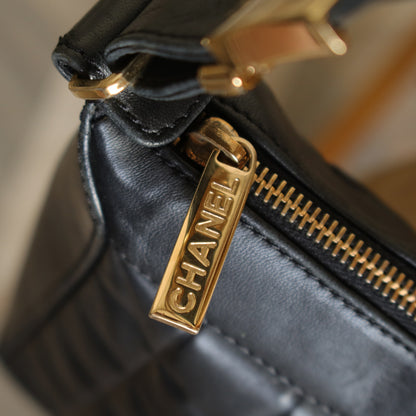 Chanel Vintage Quilted Chocolate bar CC Black Lambskin Shoulder Bag