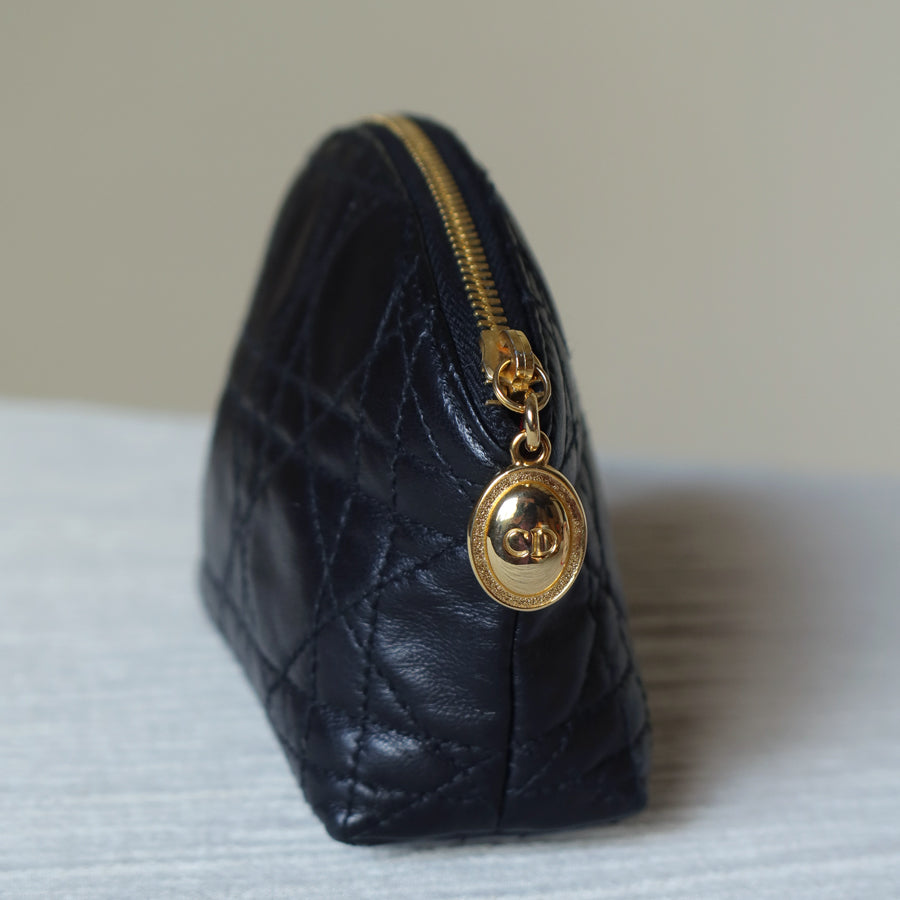 Christian Dior Vintage Black Lambskin Lady Dior Cannage Vanity Pouch Bag