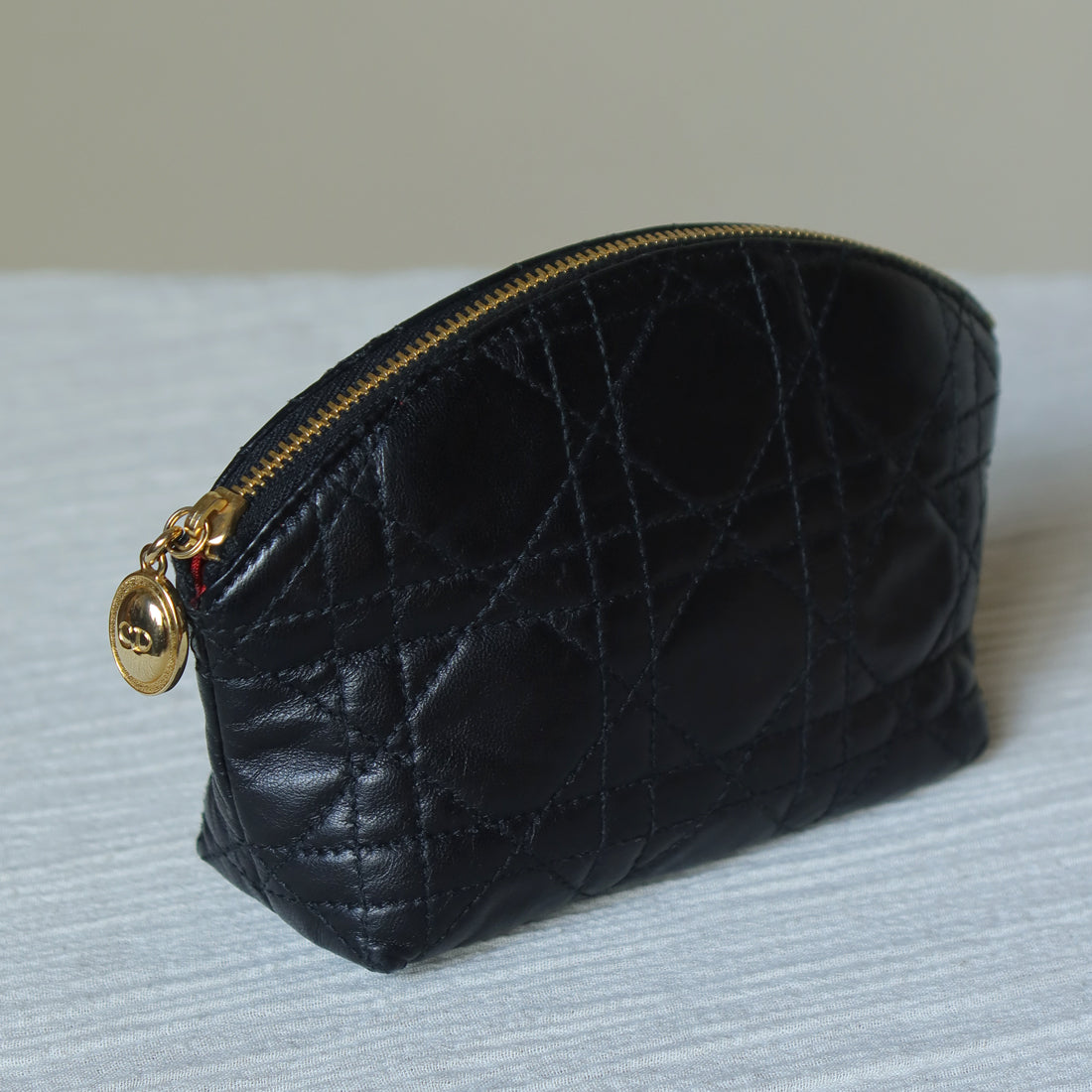 Christian Dior Vintage Black Lambskin Lady Dior Cannage Vanity Pouch Bag