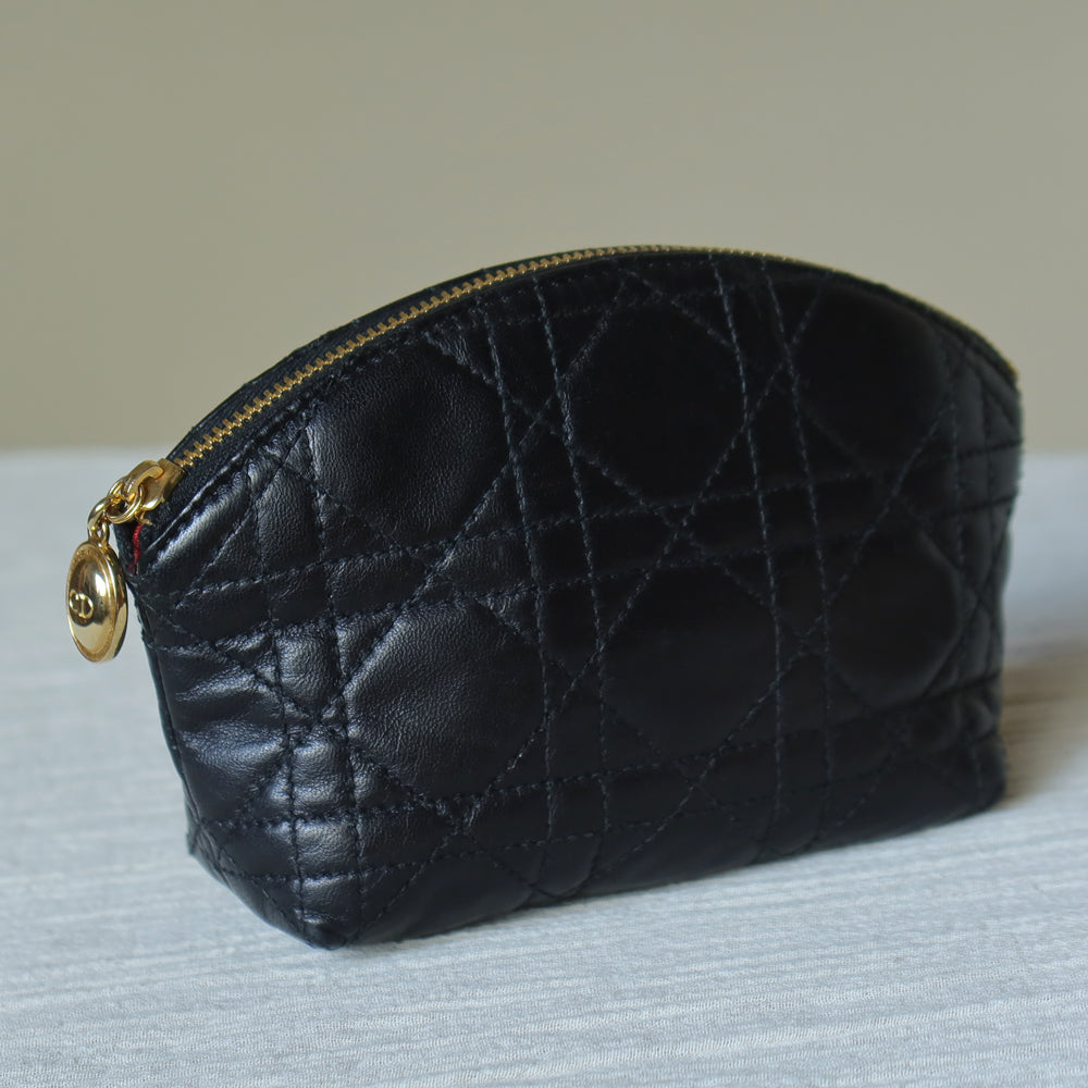 Christian Dior Vintage Black Lambskin Lady Dior Cannage Vanity Pouch Bag