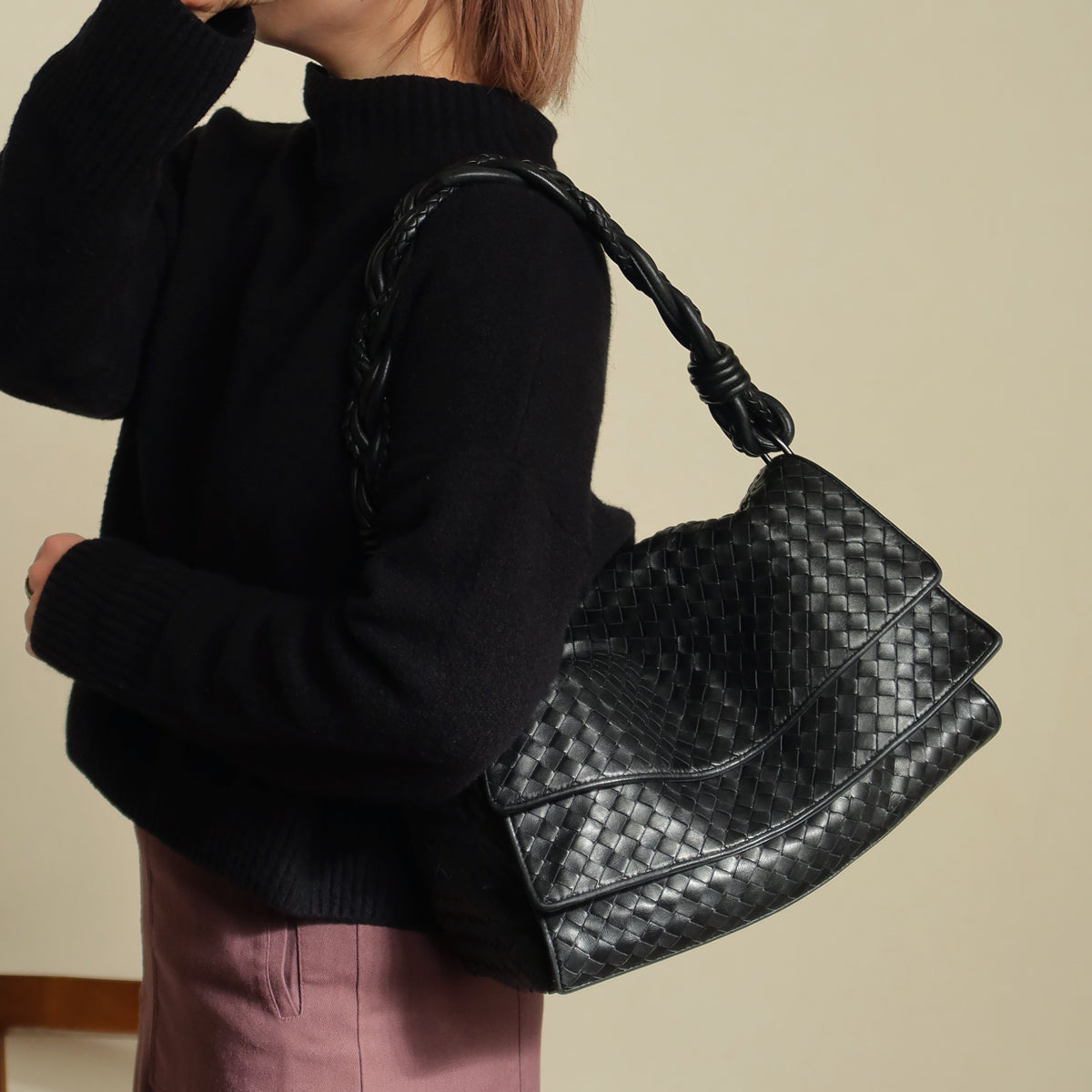 Bottega Veneta Vintage Black Intrecciato Double Flap Shoulder Bag