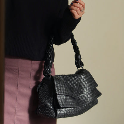 Bottega Veneta Vintage Black Intrecciato Double Flap Shoulder Bag