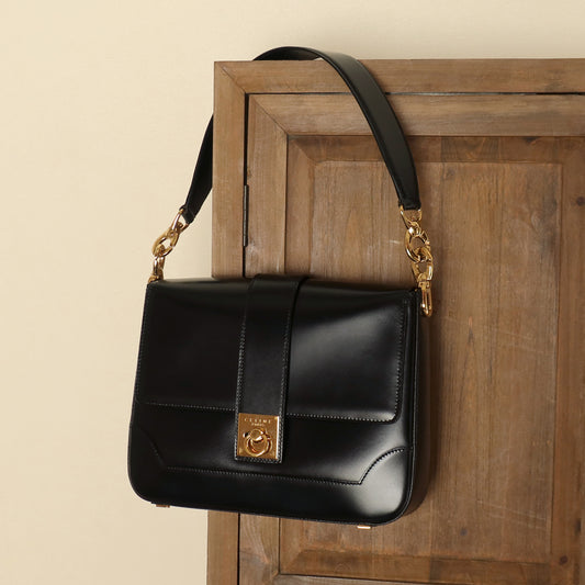 Celine Vintage Black Gancini Calfskin Leather Gold Buckle Shoulder Bag