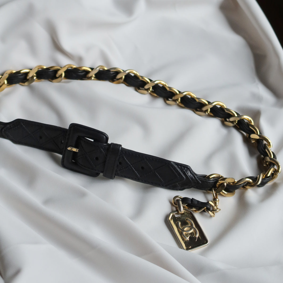 Chanel Vintage Black Quilted Leather Chain Belt with Charm