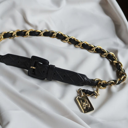 Chanel Vintage Black Quilted Leather Chain Belt with Charm