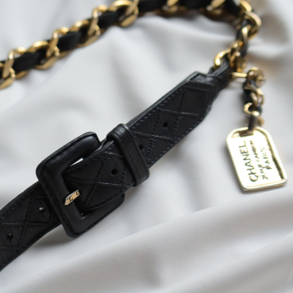 Chanel Vintage Black Quilted Leather Chain Belt with Charm