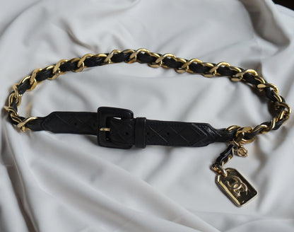 Chanel Vintage Black Quilted Leather Chain Belt with CharmChanel Vintage Black Quilted Leather Chain Belt with Charm