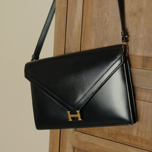 Vintage Hermès Black Box Calf Leather Lydie 2-way Clutch Bag