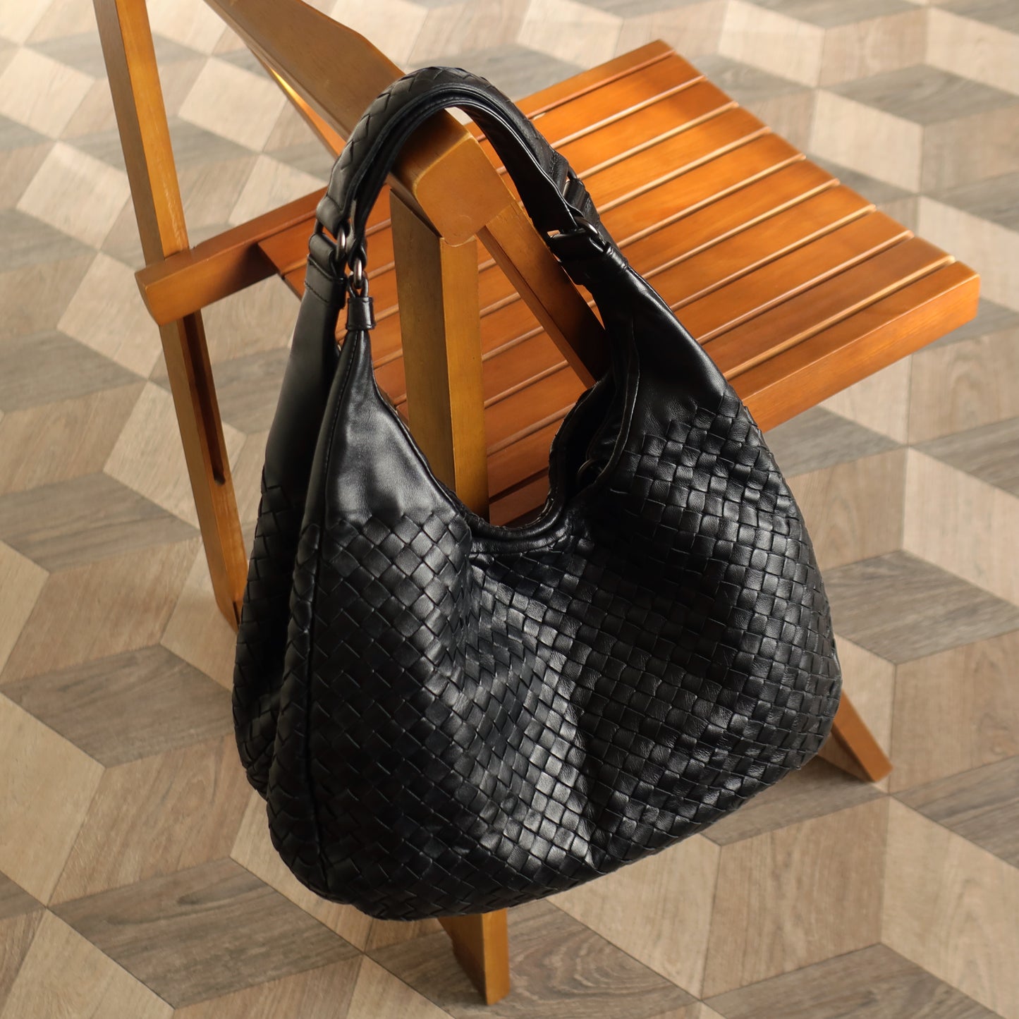 Bottega Veneta Vintage Black Medium Intrecciato Campana Hobo Shoulder Bag