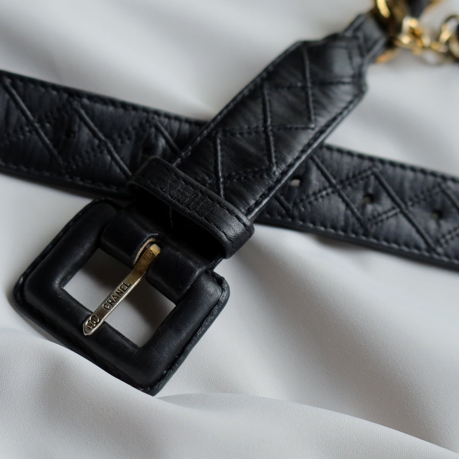 Chanel Vintage Black Quilted Leather Chain Belt with Charm