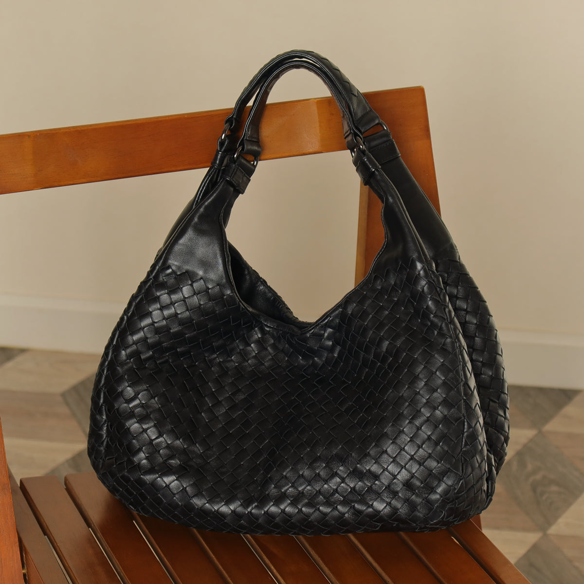 Bottega Veneta Vintage Black Medium Intrecciato Campana Hobo Shoulder Bag