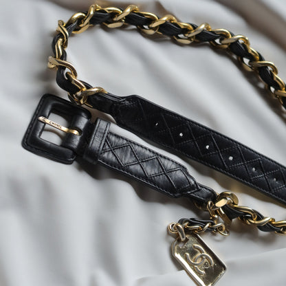 Chanel Vintage Black Quilted Leather Chain Belt with Charm