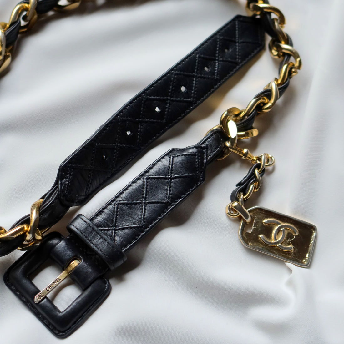 Chanel Vintage Black Quilted Leather Chain Belt with Charm