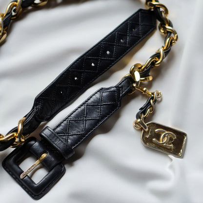 Chanel Vintage Black Quilted Leather Chain Belt with Charm