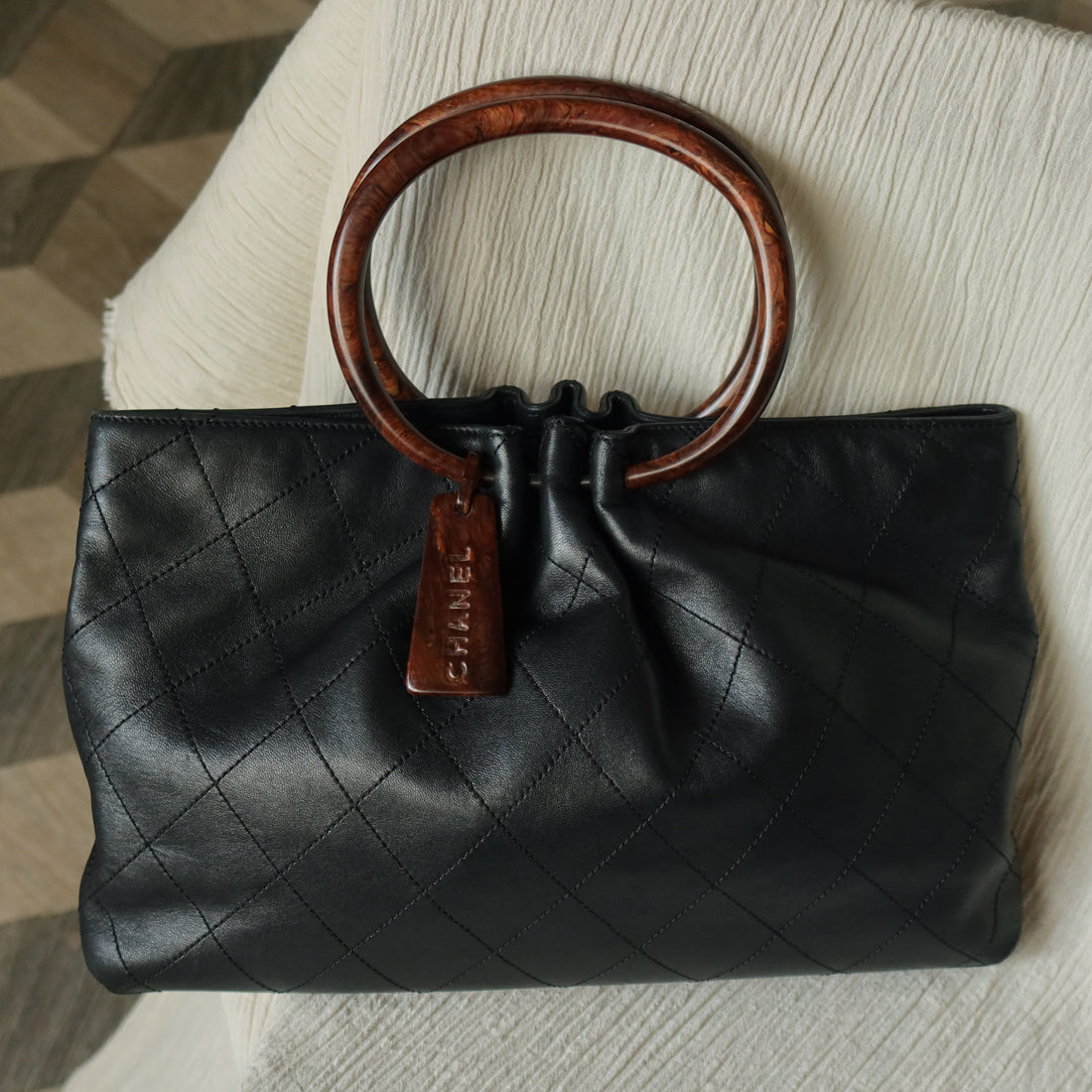 Rare Chanel Vintage Black Lambskin Leather Quilted Weekend Bag