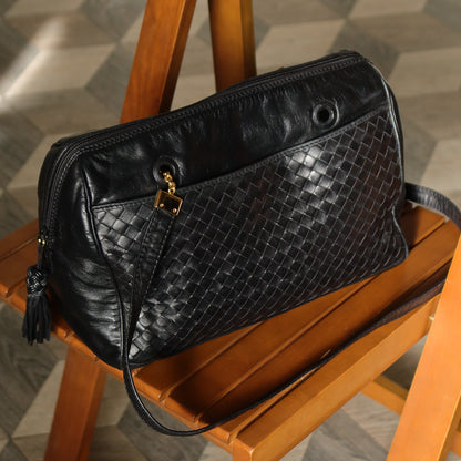 Bottega Veneta Vintage Black Intrecciato Braided Handle Boston Bag