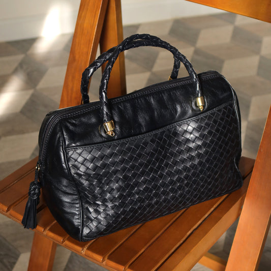 Bottega Veneta Vintage Black Intrecciato Braided Handle Boston Bag