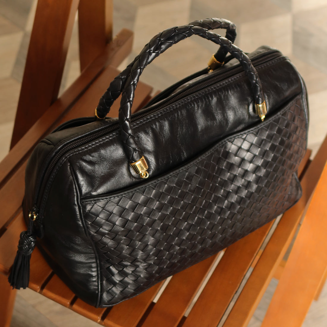 Bottega Veneta Vintage Black Intrecciato Braided Handle Boston Bag