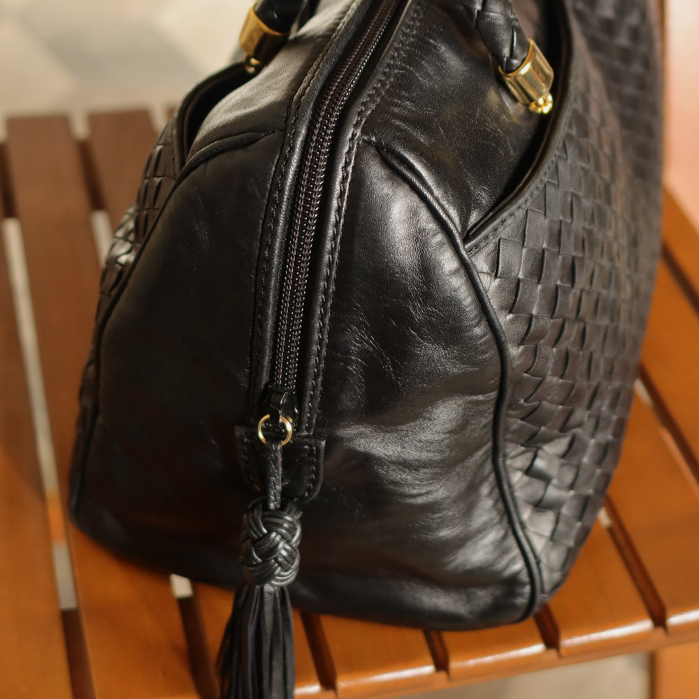 Bottega Veneta Vintage Black Intrecciato Braided Handle Boston Bag