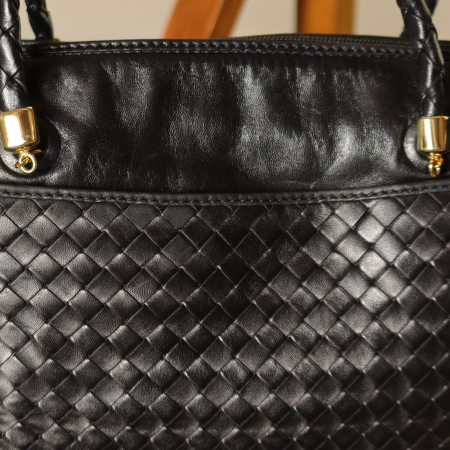 Bottega Veneta Vintage Black Intrecciato Braided Handle Boston Bag