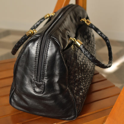 Bottega Veneta Vintage Black Intrecciato Braided Handle Boston Bag