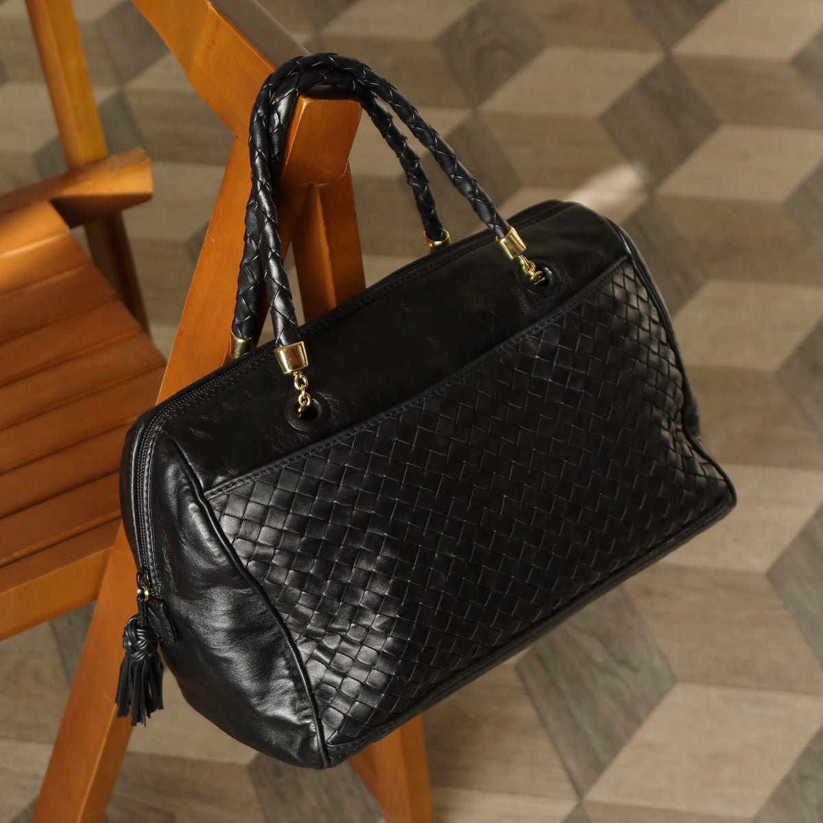 Bottega Veneta Vintage Black Intrecciato Braided Handle Boston Bag