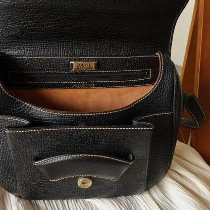 Loewe Vintage Black Leather Barcelona Crossbody Flap Bag