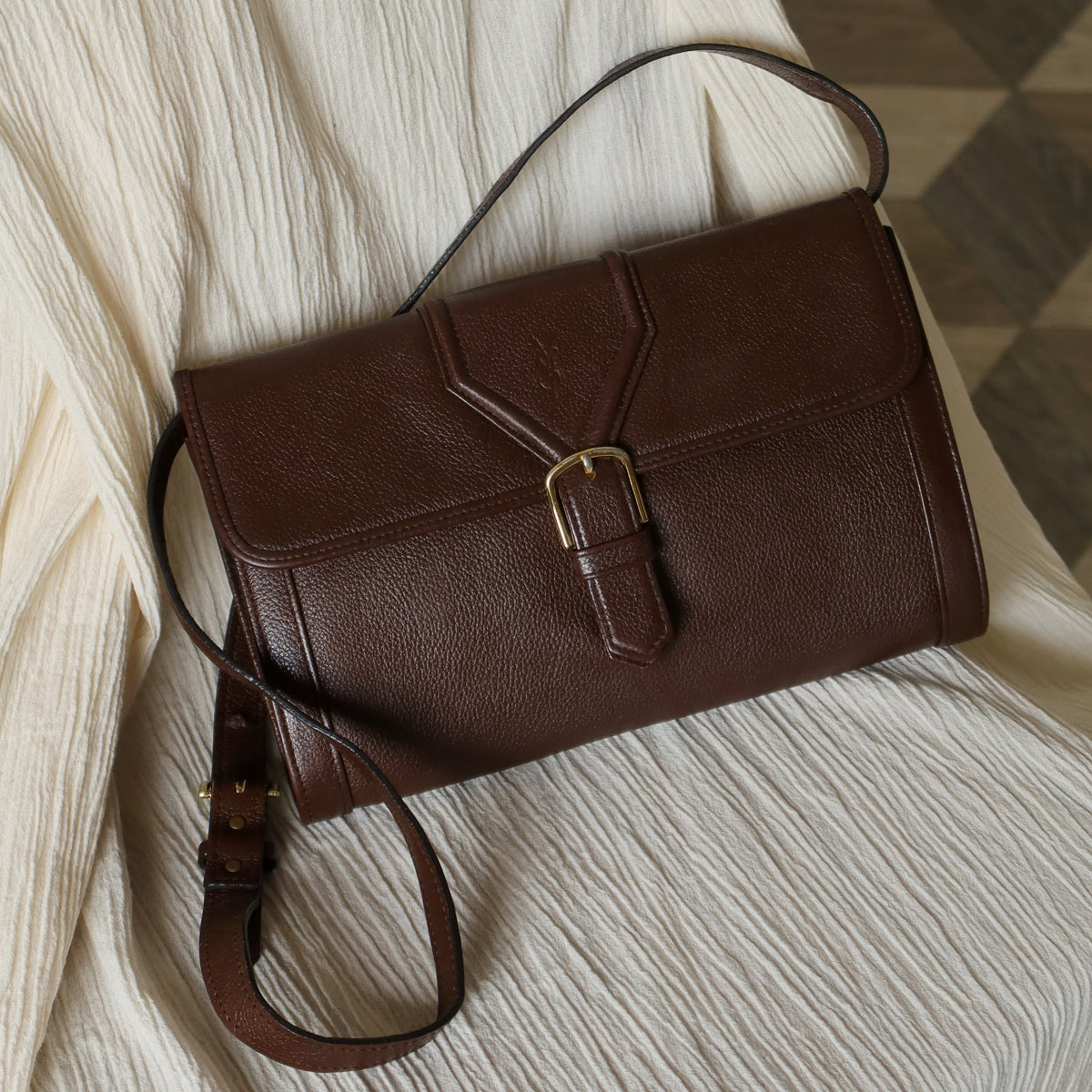 YSL Vintage Brown Leather Buckle 2way Crossbody Flap bag