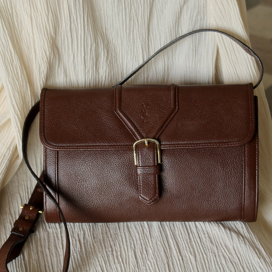 YSL Vintage Brown Leather Buckle 2way Crossbody Flap bag