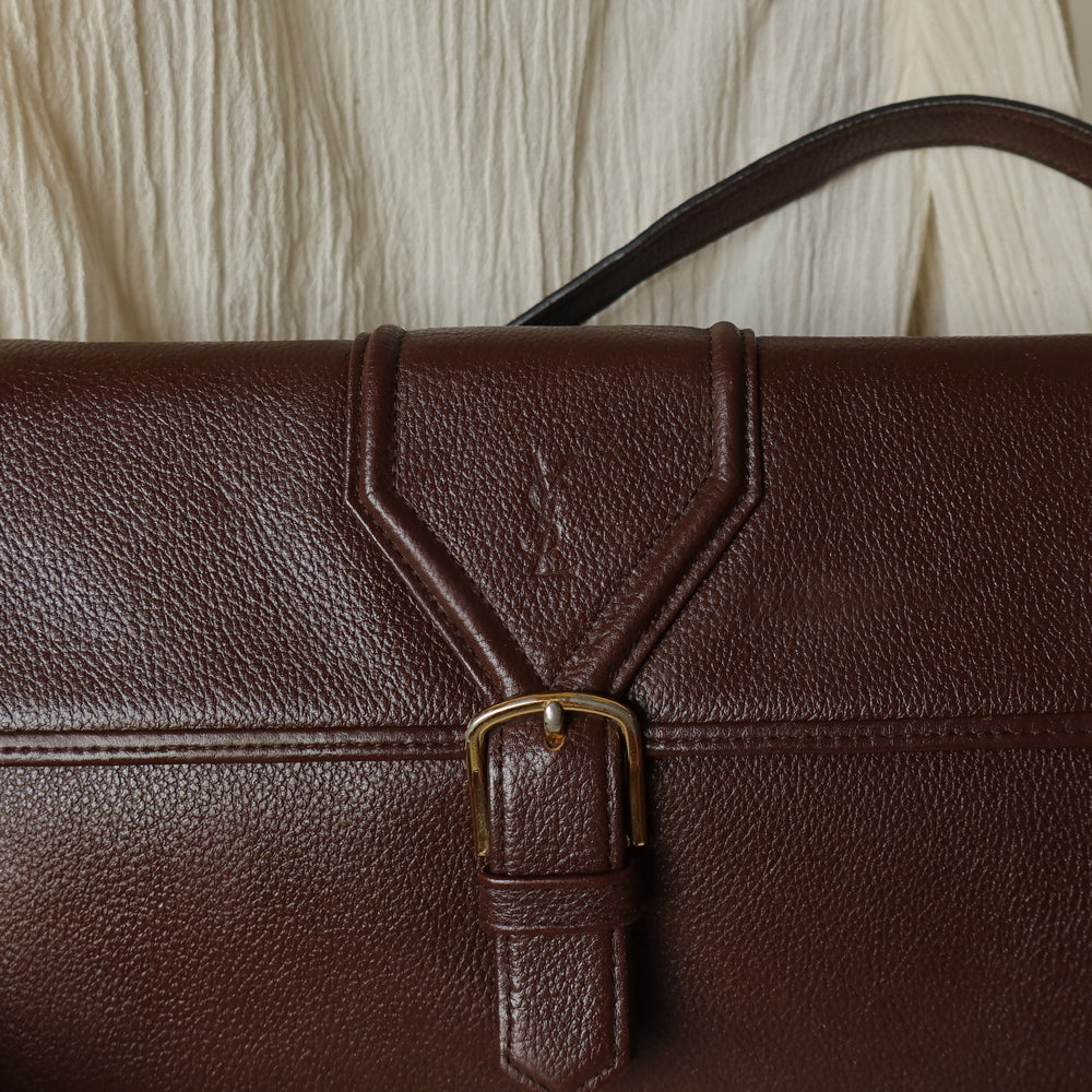 YSL Vintage Brown Leather Buckle 2way Crossbody Flap bag
