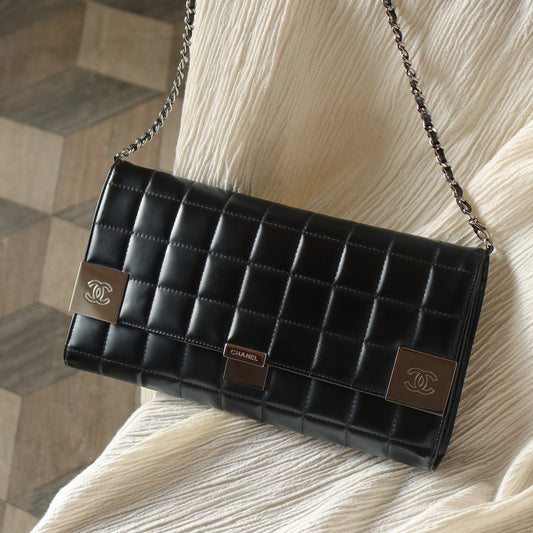 Chanel Vintage Black Chocolate Bar Coco mark 2way Clutch Bag