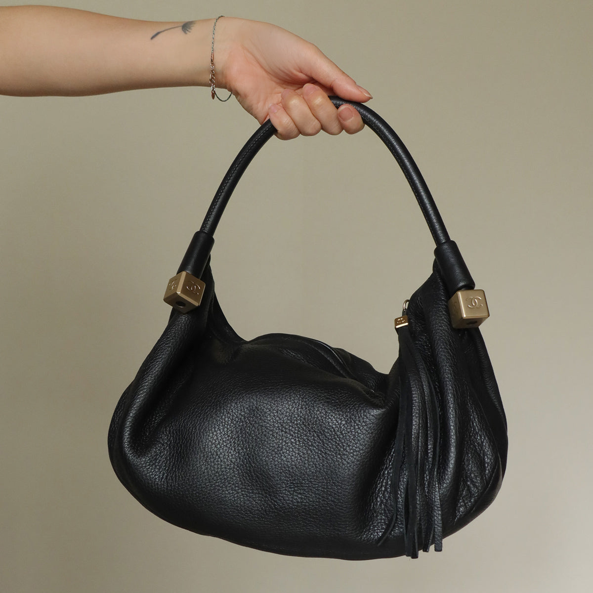 Chanel Vintage CC Dice Fringe Black Hobo Shoulder bag