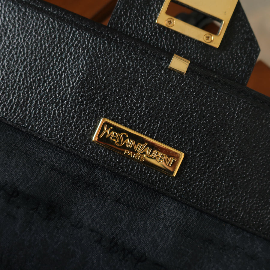 YSL Vintage Black Leather Gold Buckle Crossbody Flap Bag