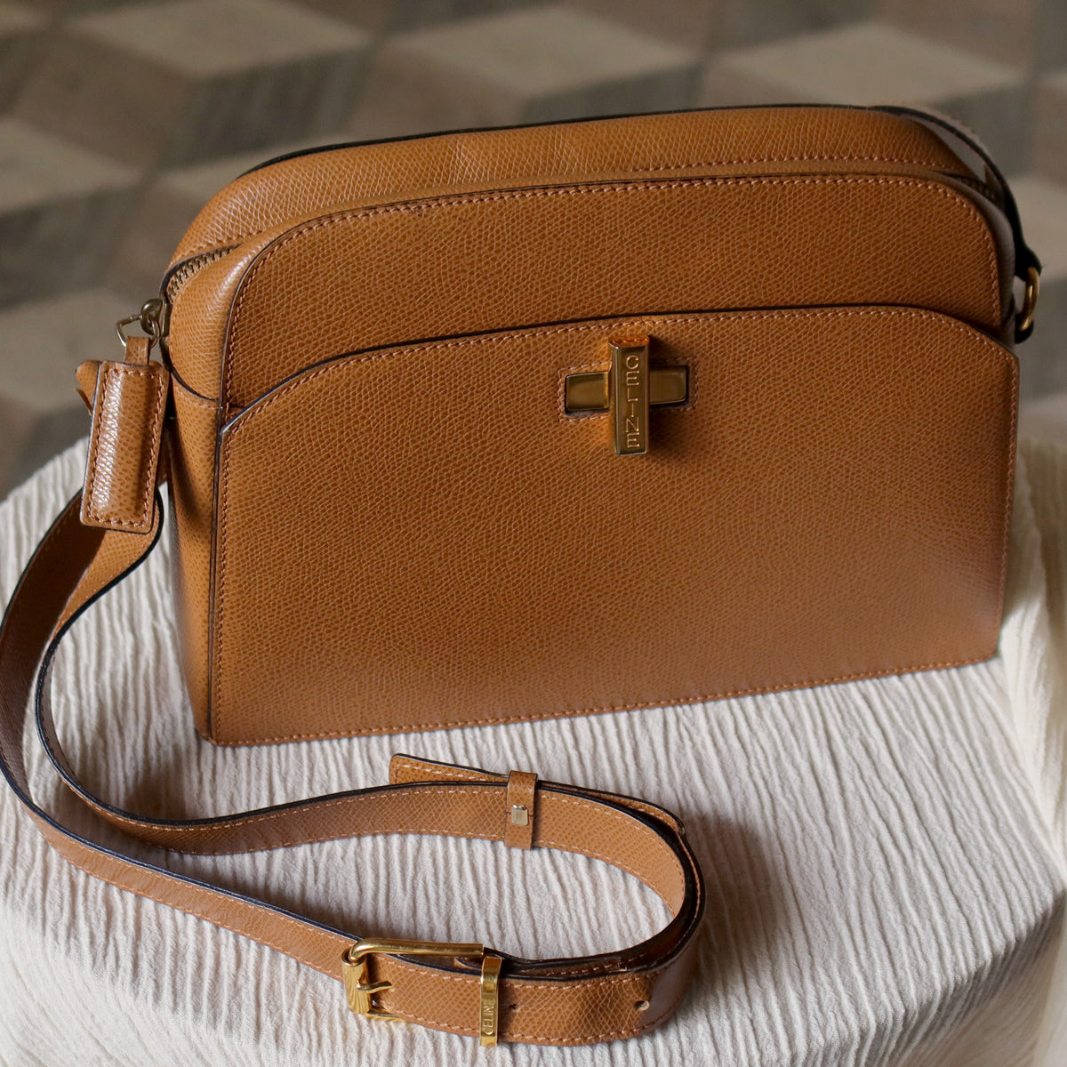 Celine Vintage Caramel Brown Leather Turnlock Crossbody Bag