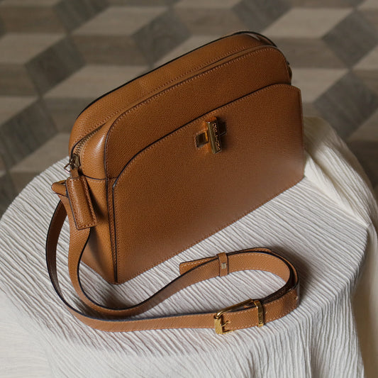 Celine Vintage Caramel Brown Leather Turnlock Crossbody Bag