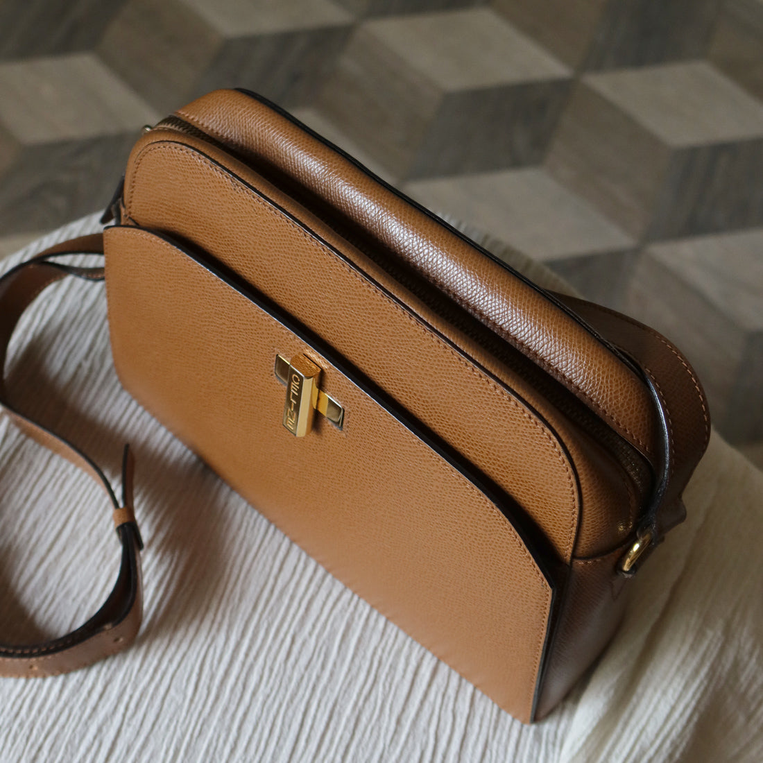 Celine Vintage Caramel Brown Leather Turnlock Crossbody Bag